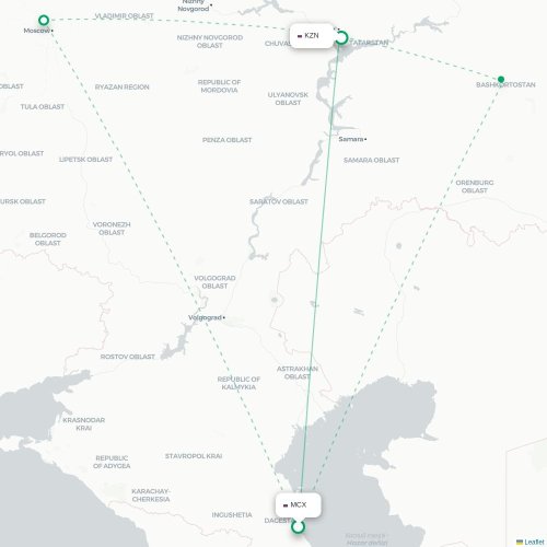 Mapa de vuelo directo Makhachkala - Kazán