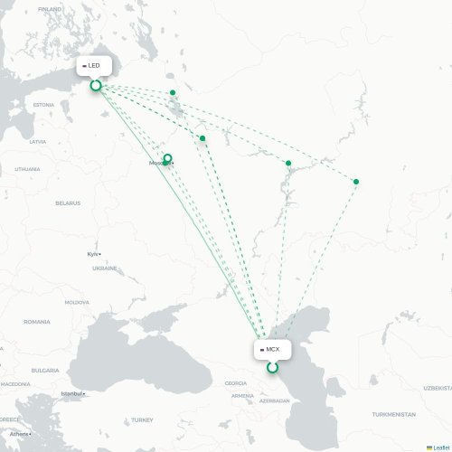 Mapa de vuelo directo Makhachkala - San Petersburgo