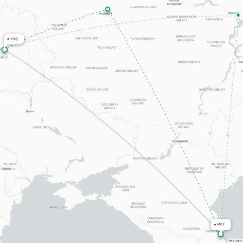 Mapa de vuelo directo Makhachkala - Minsk