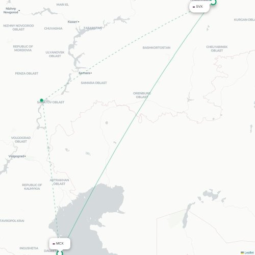 Mapa de vuelo directo Makhachkala - Ekaterinburgo