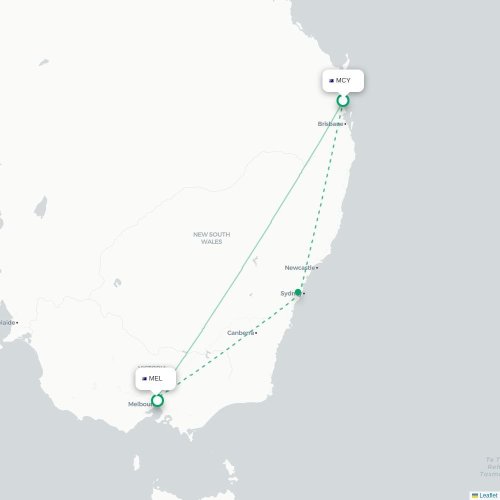 Mapa lotu bezpośredniego Maroochydore – Melbourne