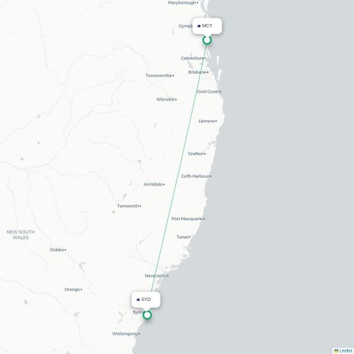 Mapa lotu bezpośredniego Maroochydore – Sydney