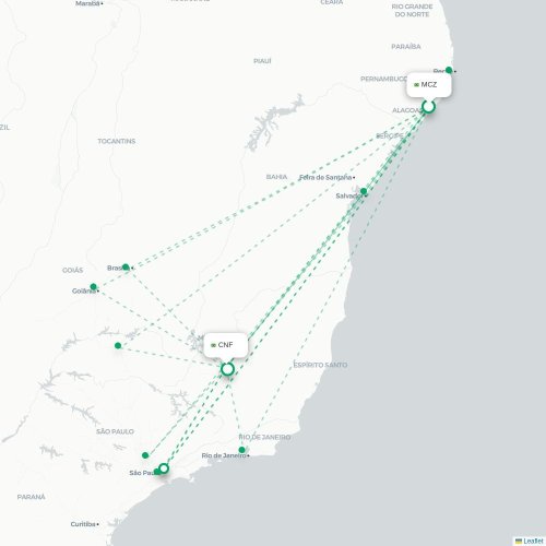 Mapa lotu bezpośredniego Maceió – Belo Horizonte