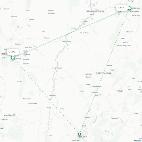 Mapa de vuelo directo Medellín - Bucaramanga