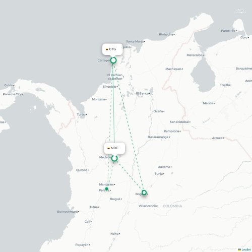 Mapa de vuelo directo Medellín - Cartagena de Indias