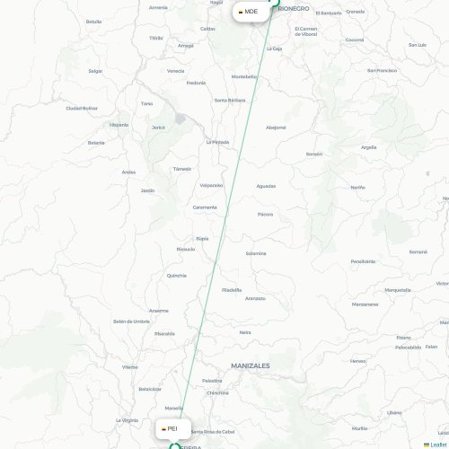 Mapa de vuelo directo Medellín - Pereira