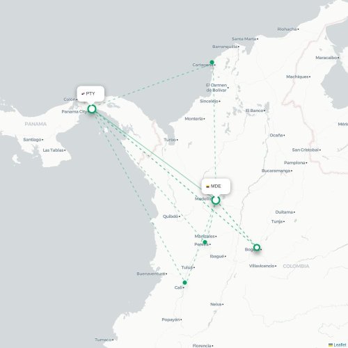 Mapa de vuelo directo Medellín - Ciudad de Panamá