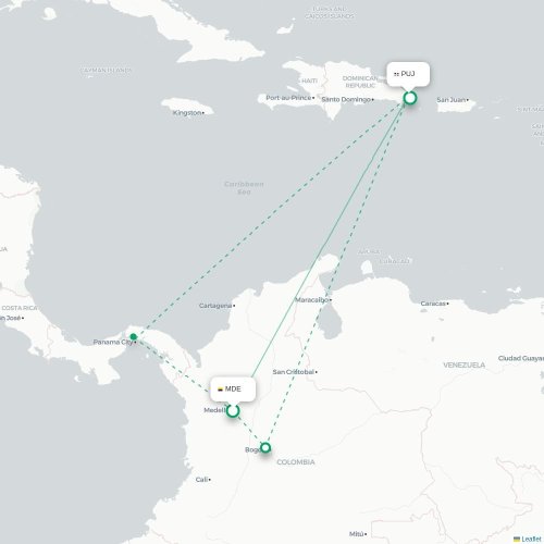 Medellín – Punta Cana suoran lennon kartta