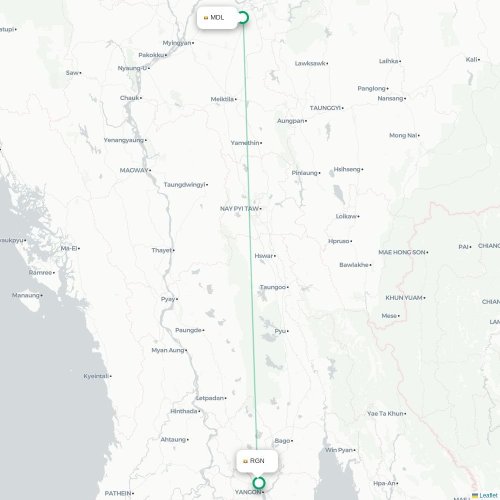 Mapa de vuelo directo Mandalay - Rangún