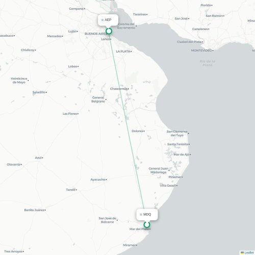Mapa lotu bezpośredniego Mar del Plata – Buenos Aires