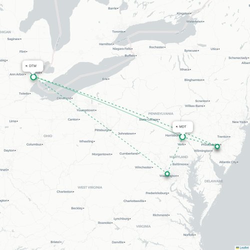 Harrisburg - Detroit kaart van rechtstreekse vlucht