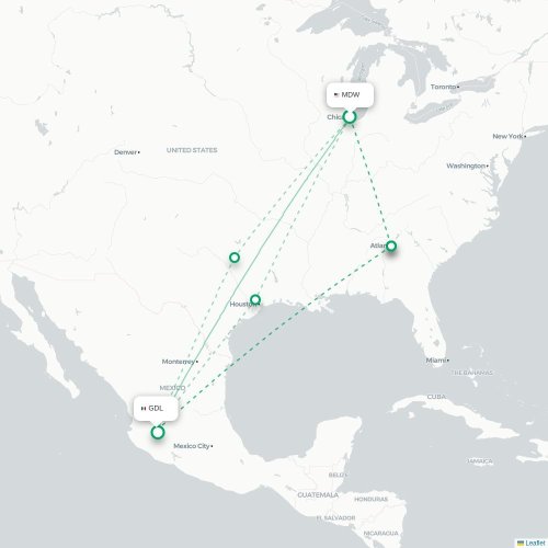 Mapa de vuelo directo Chicago - Guadalajara