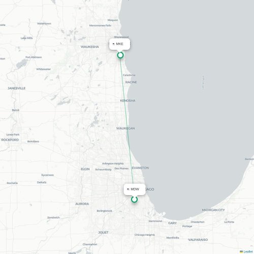 Chicago - Milwaukee kort over direkte fly
