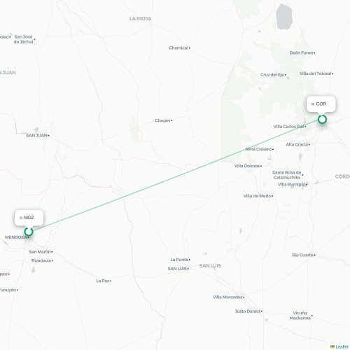 Mapa lotu bezpośredniego Mendoza – Kordoba