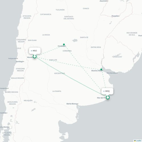 Mapa lotu bezpośredniego Mendoza – Mar del Plata