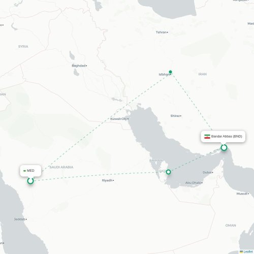 Mapa de vuelo directo Medina - Bandar Abbas
