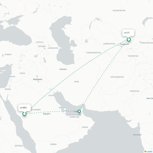 Mapa de vuelo directo Medina - Shymkent