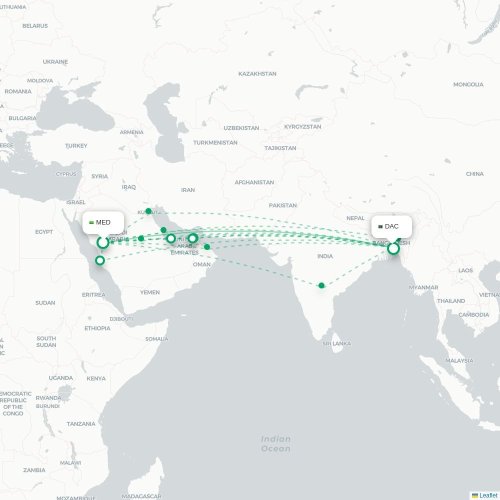 Mapa lotu bezpośredniego Medyna – Dhaka