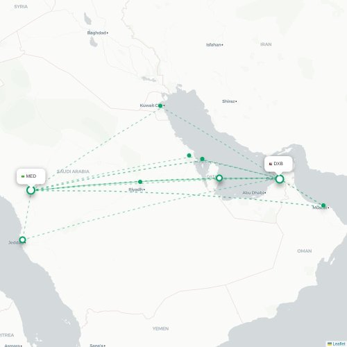 Mapa de vuelo directo Medina - Dubái