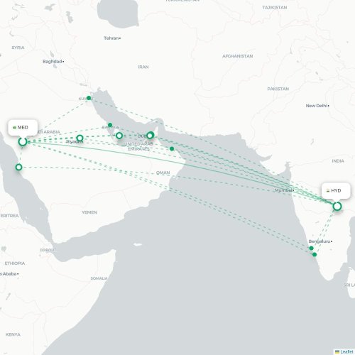 Mapa de vuelo directo Medina - Hyderabad