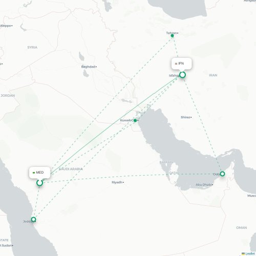 Mapa de vuelo directo Medina - Isfahán
