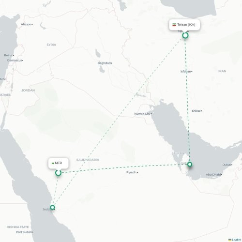 Mapa lotu bezpośredniego Medyna – Teheran