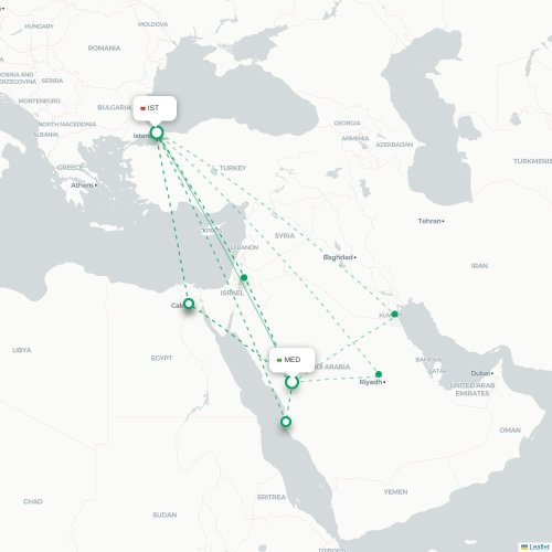 Mapa de vuelo directo Medina - Estambul