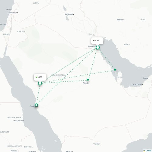 Mapa de vuelo directo Medina - Ciudad de Kuwait