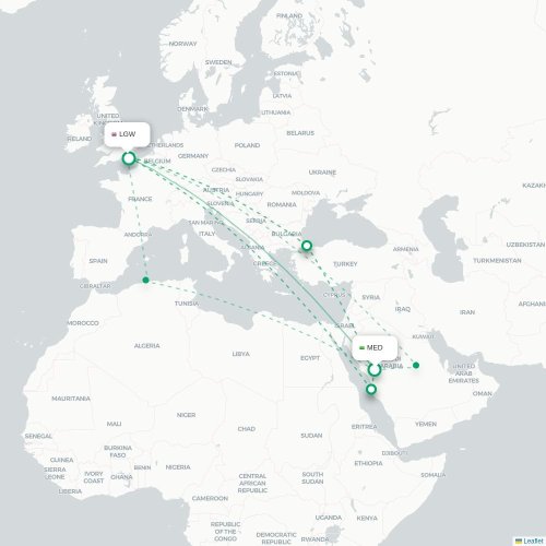 Mapa de vuelo directo Medina - Londres