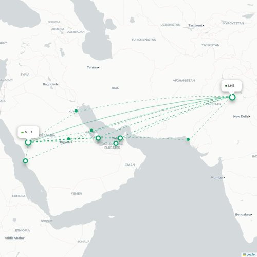 Mapa de vuelo directo Medina - Lahore