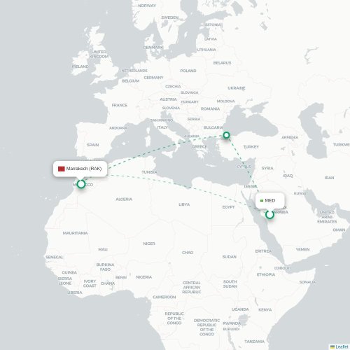 Mapa de vuelo directo Medina - Marrakech