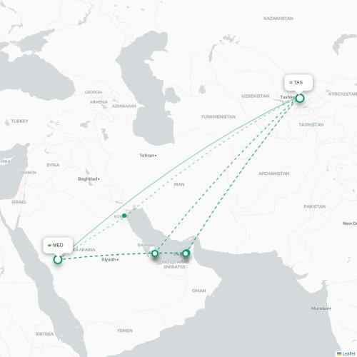 Mapa de vuelo directo Medina - Taskent
