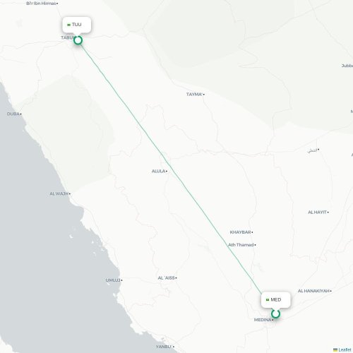 Mapa de vuelo directo Medina - Tabuk