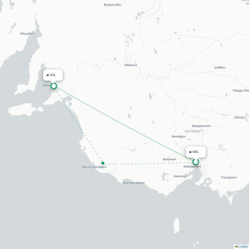 Melbourne - Adelaide kort over direkte fly