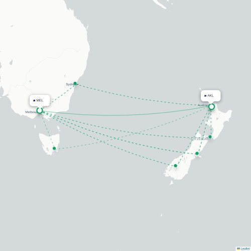 Mapa lotu bezpośredniego Melbourne – Auckland