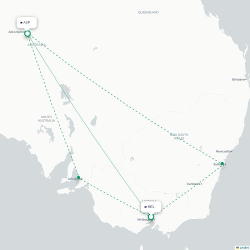 Melbourne - Alice Springs kort over direkte fly