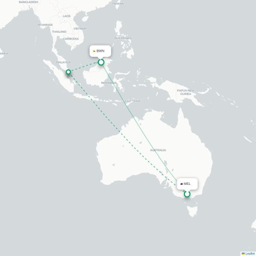 Mapa lotu bezpośredniego Melbourne – Bandar Seri Begawan