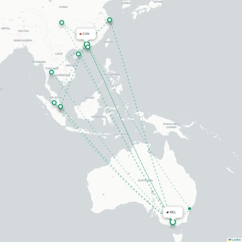 Mapa lotu bezpośredniego Melbourne – Kanton