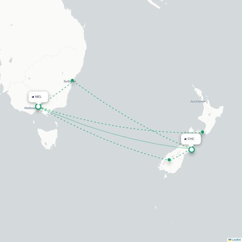 Mapa lotu bezpośredniego Melbourne – Christchurch