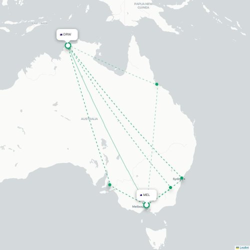 Melbourne - Darwin kort over direkte fly