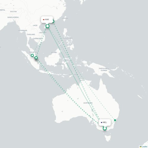Melbourne – Haikou suoran lennon kartta