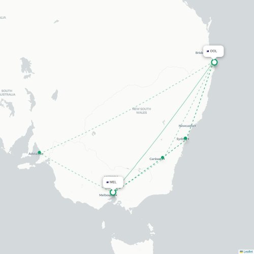 Melbourne - Coolangatta kort over direkte fly