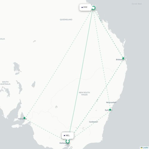 Melbourne - Proserpine kaart van rechtstreekse vlucht