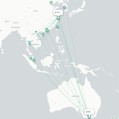 Mapa lotu bezpośredniego Melbourne – Szanghaj