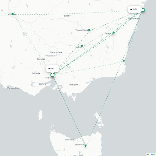 Mapa lotu bezpośredniego Melbourne – Sydney