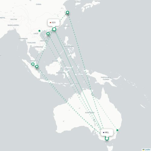 Melbourne – Shenzhen suoran lennon kartta
