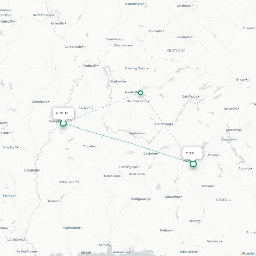 Mapa de vuelo directo Memphis - Atlanta