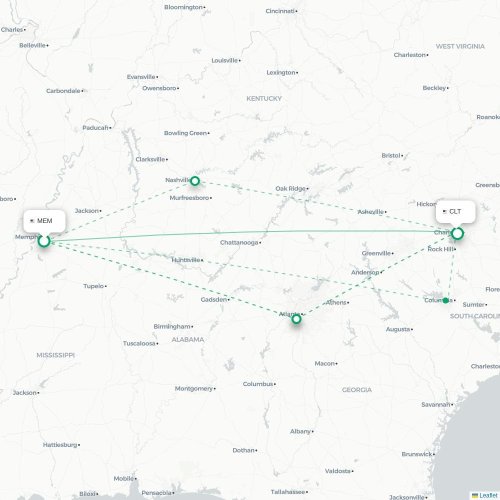 Mapa de vuelo directo Memphis - Charlotte