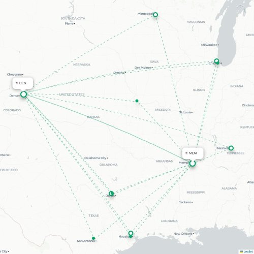 Mapa de vuelo directo Memphis - Denver