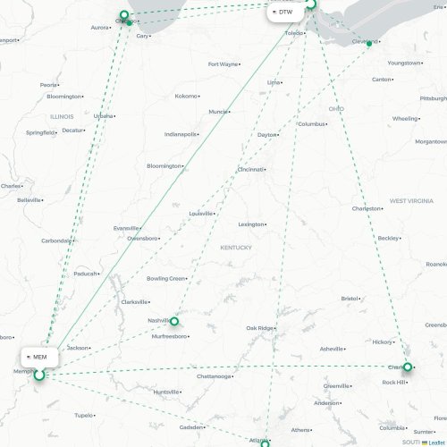 Mapa de vuelo directo Memphis - Detroit